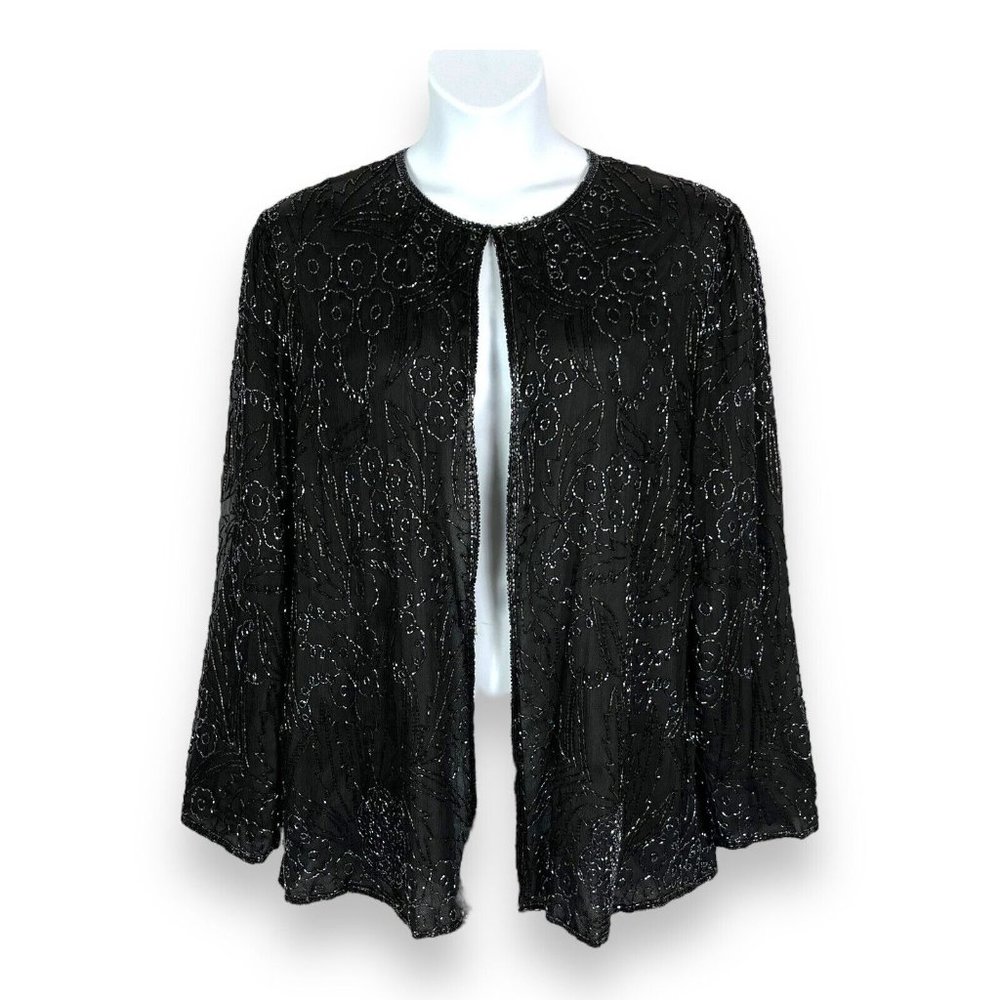 Scala Beaded Silk Cocktail Jacket Hip Length Black Floral Beadwork Size XL